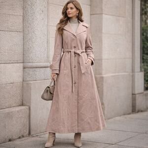 Vintage 80s Mauve Ultrasuede Trench Coat Belted Maxi A-Line Jacket Medium